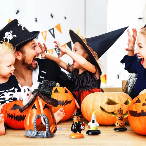 Vista 5 de Blulu 4 piezas de decoraciones de Halloween para pecera, figuras en miniatura para interiores y exteriores, resina, fantasma, calabaza, casa