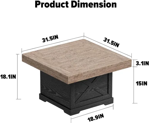 Vista 2 de Mesa de centro Lareth 31.5 pulg. Mesa rústica central con diseño en X de madera pedestal para sala de estar, mesa auxiliar cuadrada de roble oscuro