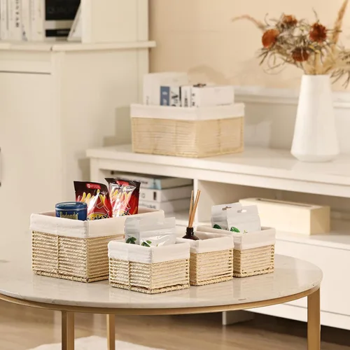 Vista 4 de Vagusicc Cesta de almacenamiento de mimbre, cesta de cuerda de papel tejida a mano, cesta rectangular pequeña para organizar, contenedor de Beige