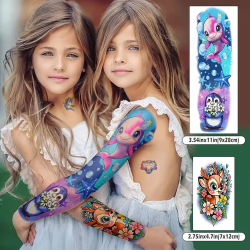Vista 2 de 52 hojas de tatuajes temporales para niños, manga completa, dinosaurio, unicornio, tiburón, delfines, elefante, animal, cara, tatuajes falsos