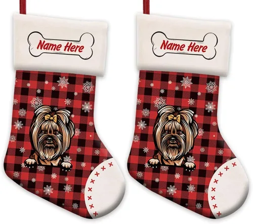 Vista 9 de Foto personalizada, Feliz Navidad, búfalo rojo, a cuadros, feliz perro, calcetín de Navidad, copo de nieve, decoración de vacaciones, calcetín