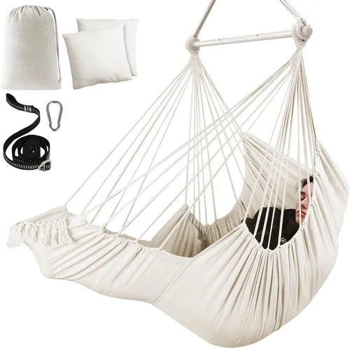Vista 8 de Chihee Silla hamaca colgante con reposapiés, 2 cojines, máximo 500 libras, barra separadora de metal resistente, plegable, fácil almacenamiento