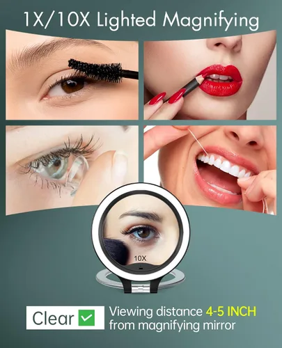 Vista 4 de FASCINATE Espejo de Aumento 10X 1X de Doble Cara con Magnificación Espejo de Tocador para Maquillaje Espejo Iluminado Recargable con 3