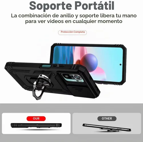 Vista 4 de Funda para Redmi Note 10/Redmi Note 10S/Poco M5S con protector de pantalla de vidrio templado y cubierta de cámara deslizante, anillo magnético Negro