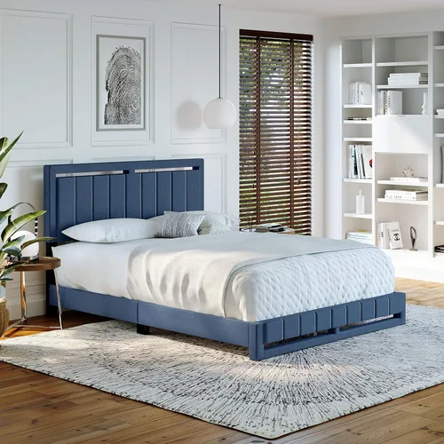 Vista 23 de Beaumont - Cama de plataforma tapizada con cabecero, base de colchón con 14 soportes de listones de madera, no requiere somier, piel sintética