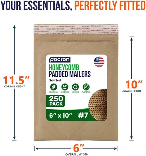 Vista 2 de Sobres acolchados de panal biodegradables y compostables (6 x 10 pulgadas – 250 unidades) sobres de envío de papel con revestimiento hexagonal