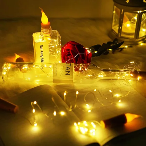 Vista 4 de Luces para botella de vino con llama de vela, paquete de 10 tiras de luces LED de corcho sin llama, funciona con pilas, alambre de cobre, mini luces