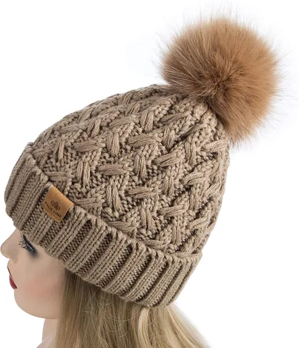 Vista 3 de PAGE ONE Womens Winter Ribbed Beanie Crossed Cap Chunky Cable Knit Pompom Soft Warm Hat