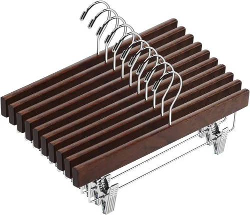 Vista 10 de AMKUFO 20 piezas de perchas de madera para pantalones, perchas sólidas para pantalones con clips ajustables de 14 pulgadas, perchas de madera negra