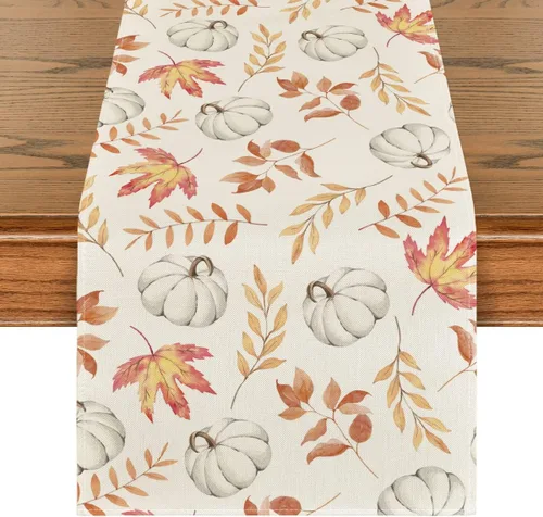 Vista 9 de Artoid Mode Camino de mesa de otoño de madera beige con hojas de arce, decoración de mesa de comedor de cocina de otoño de temporada para decoración