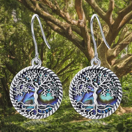 Vista 4 de Aretes de plata de ley 925 con diseño de gato, árbol de la vida, piedra lunar, lágrima, filigrana, colgantes, para mujeres y niñas