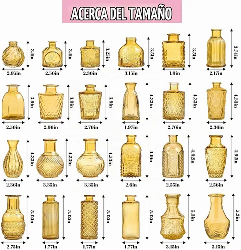 Vista 7 de KOIUEYW Juego de 24 jarrones de vidrio ámbar dorado, jarrones pequeños vintage para flores, estilo mini de cristal transparente a granel, pequeños