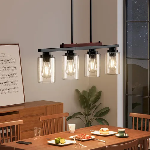 Vista 2 de Amico Lámpara de Comedor de 4 Luces para Isla de Cocina con Varillas Ajustables, Candelabro de Decoración Rústica de Metal Negro y Madera