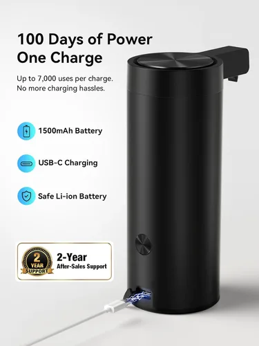 Vista 5 de SUNLY Dispensador de jabón automático sin contacto – Bomba sin obstrucciones, sensor rápido de 0.2 s, recargable USB-C, acero inoxidable resistente