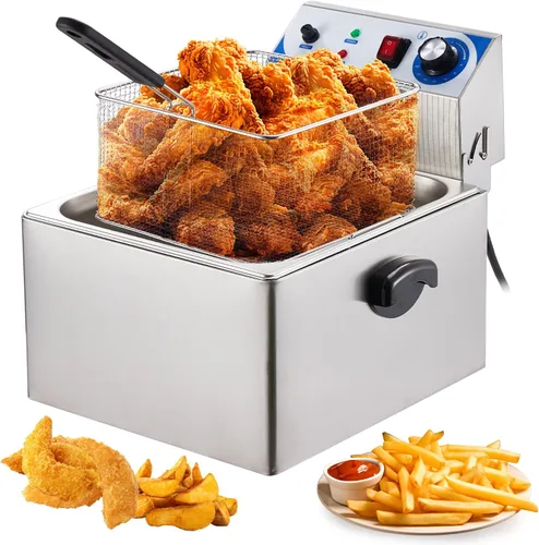 Vista 2 de PULLAFUN Freidora comercial de acero inoxidable 11L Freidora eléctrica con control de temperatura, tanque grande individual y grande, papas fritas