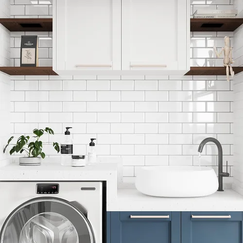 Vista 3 de VEELIKE 12 hojas de azulejos blancos para salpicaduras de cocina, azulejos blancos de metro con lechada plateada de 12 x 12 pulgadas, extraíble