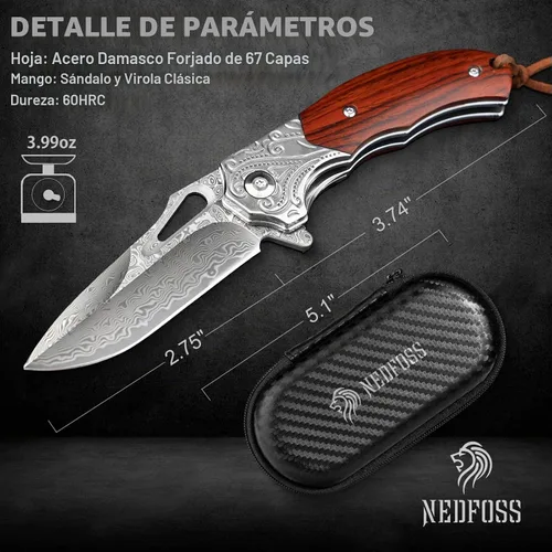 Vista 5 de NedFoss TIGERSHARK Cuchillo de bolsillo de Damasco para hombre, cuchillo plegable de Damasco VG10 forjado a mano de 2.75 pulgadas con mango