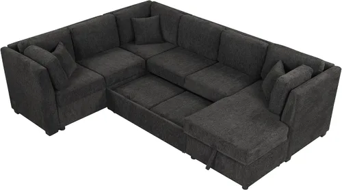 Vista 7 de LUMISOL Sofá seccional grande en forma de U para sala de estar, sofá cama extraíble con 2 puertos USB y 2 enchufes de corriente, sofá cama moderno