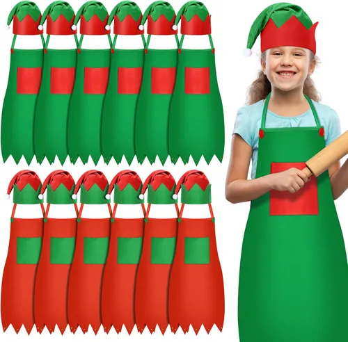 Vista 11 de Handepo - Conjunto de delantal y gorro de elfo navideño para niños, sombreros de Papá Noel para niños, suministros de fiesta navideña para niños