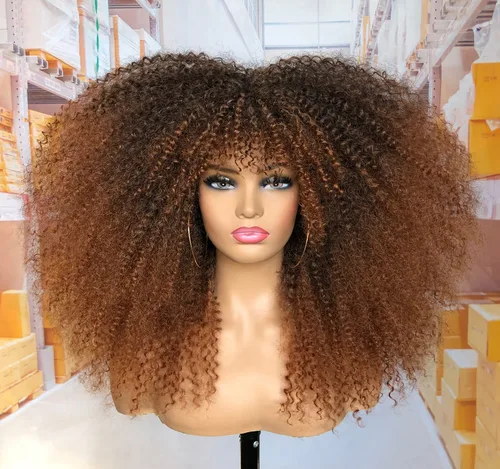 Vista 13 de Pelucas afro rizadas para mujeres negras, peluca larga y rizada con flequillo, fibra sintética esponjosa, sin pegamento, para cosplay y uso diario