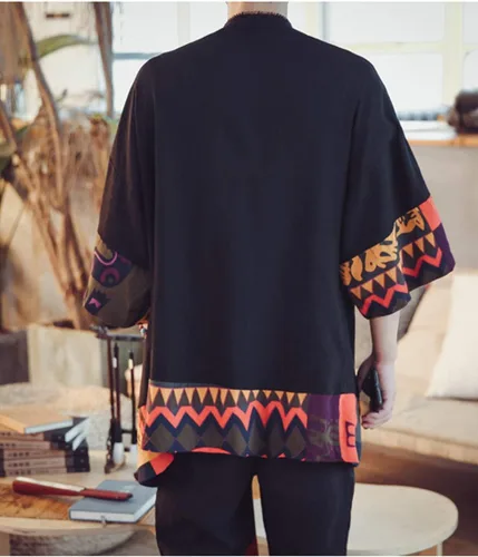 Vista 7 de HZCX FASHION Chaqueta tipo kimono larga de lino y algodón para hombre