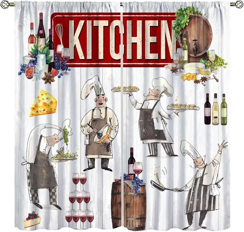 Vista 11 de Cortinas de chef para ventana, juego de 2 paneles para dormitorio y sala de estar, 42 x 45 pulgadas, a cuadros, cortinas temáticas de cocina