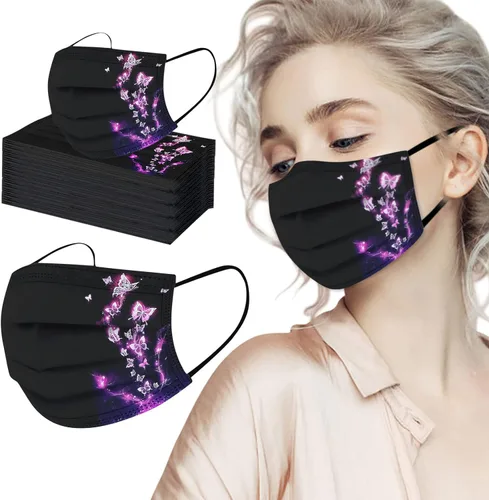 Vista 5 de Paquete de 50 mascarillas desechables para adultos, diseño de mariposas, flores, cuidado de la piel, días festivos, para mujeres, a prueba de polvo