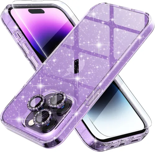 Vista 29 de Choiche, funda para iPhone 14 de mujer, brillante, protección de grado militar, 2 cubiertas de lentes de cámara Diamond, 2 protectores de vidrio