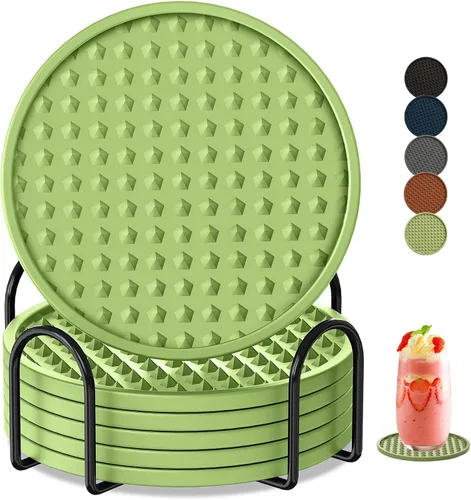 Vista 8 de Paquete de 6 posavasos para bebidas con soporte, tapete de silicona antideslizante, posavasos de goma vivos para bebidas calientes o frías, se