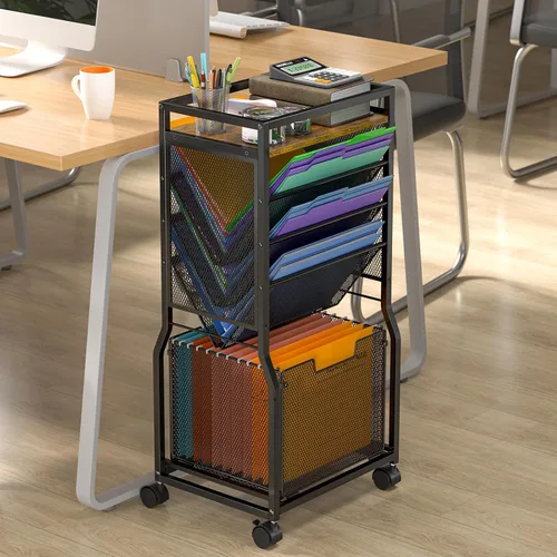 Vista 2 de DAOUTIME Carrito de archivos rodante de 8 niveles con organizador de carpetas de archivos colgante, organizador de archivos móvil con estantería