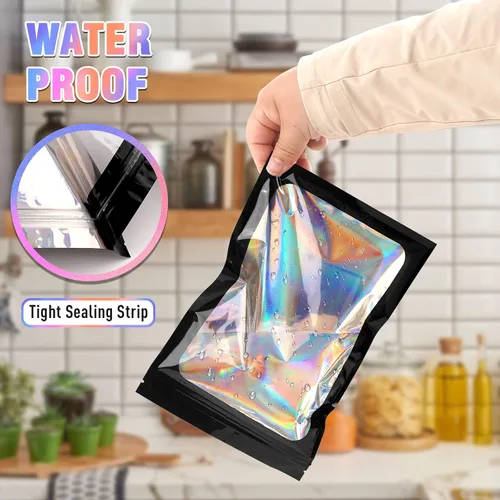 Vista 3 de 100 bolsas holográficas de tereftalato de polietileno, bolsas transparentes resellables, bolsa a prueba de olores, bolsa para pulseras, decoraciones
