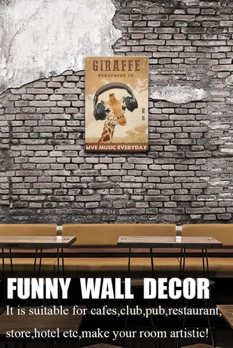 Vista 3 de Giraffe Headphone Co - Póster de música en vivo para todos los días, letrero de metal vintage, divertido póster de jirafa para el hogar, cocina