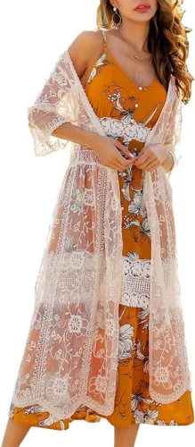 Vista 15 de Cárdigan de Encaje para Mujer de Crochet Floral Transparente Cobertor de Playa Kimono Largo Abierto