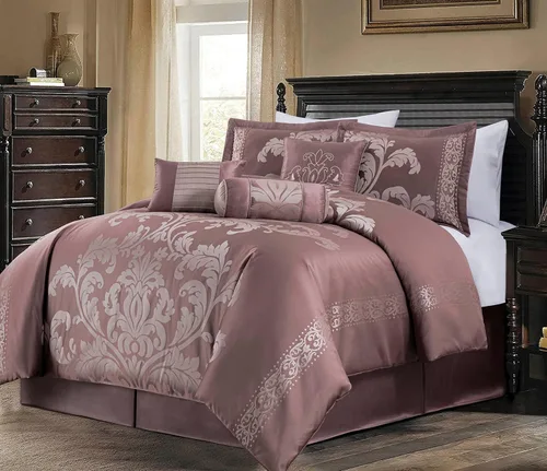 Vista 19 de Chezmoi Collection Juego de edredón floral de jacquard Royale de 7 piezas, matrimonial/doble, negro/dorado