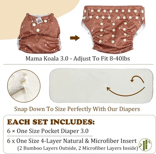 Vista 4 de Mama Koala Pañales de tela para bebé 3.0 con 6 insertos (ballenas), con 2 rollos de forros naturales desechables