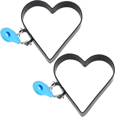 Vista 8 de 2 anillos de huevo antiadherentes de 4 pulgadas en forma de corazón para freír huevos con mango de silicona, molde de huevo de acero inoxidable