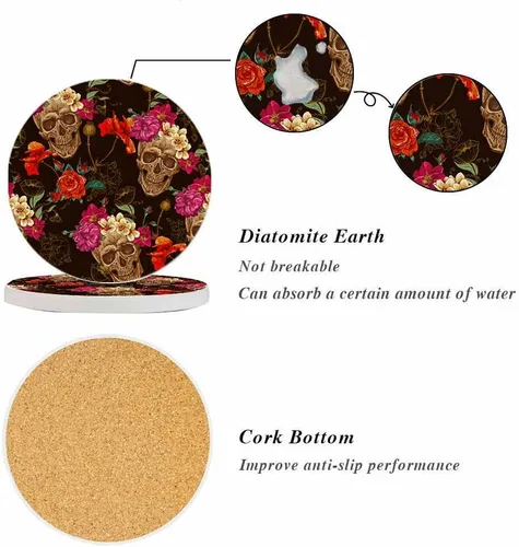 Vista 4 de oFloral Juego de 2 posavasos de calavera para bebidas, diseño de rosas, flores, cultura popular, festivales, tazas, individuales para decoración