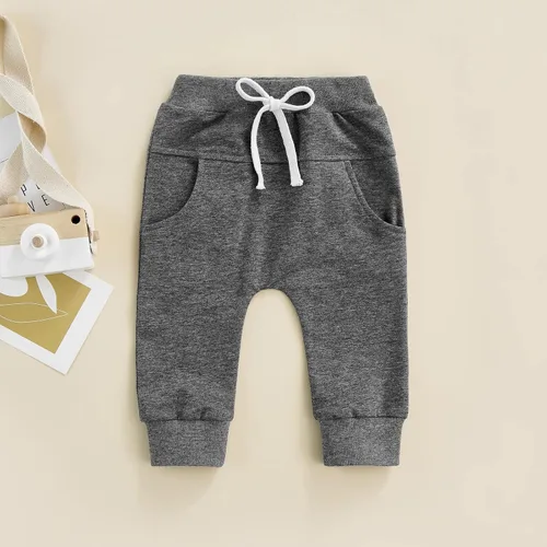 Vista 2 de Pantalones deportivos para bebé, cintura elástica, con cordón, pantalones de algodón casuales con bolsillos