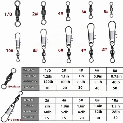 Vista 3 de 260Pcs/Caja con Giras de Barril de Pesca de Acero Inoxidable 150Pcs/Giras de Barril con Broches 110Pcs Mezcla, Conector de Alta Resistencia