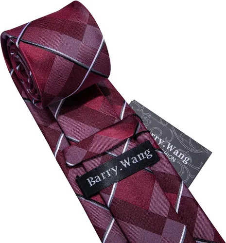 Vista 6 de Barry.Wang Juego de corbatas a cuadros para hombre con pañuelo gemelos de rayas clásicas