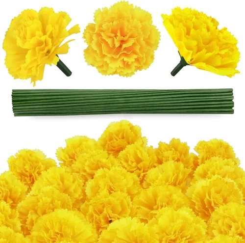 Vista 11 de 30 flores artificiales de caléndula de 2 pulgadas, cabezas de flores de caléndula de seda con tallos, flores naranjas artificiales para decoración