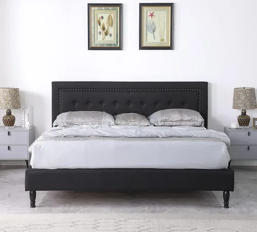 Vista 9 de Base de cama de plataforma tapizada completa con cabecera de 43.5 pulgadas de alto, cama de tela con botones, soporte de listones de madera con Gris