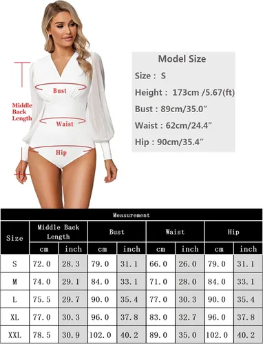 Vista 6 de Marvmys Body de manga larga para mujer, sexy, plisado, cuello en V, para salir