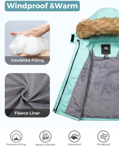 Vista 4 de ZSHOW Chaqueta de esquí impermeable para niñas, abrigo de invierno cálido acolchado con forro polar parka