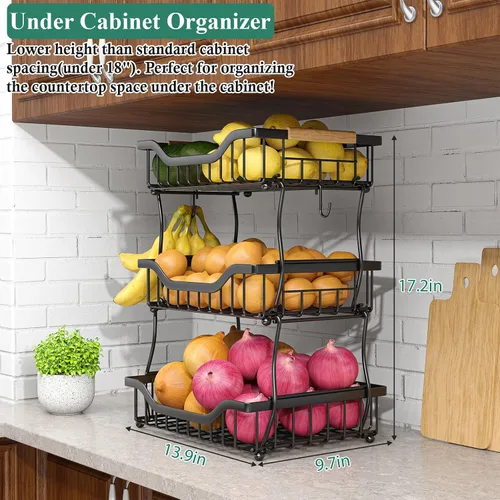 Vista 2 de OKZEST Cesta de frutas de 3 niveles para encimera de cocina, frutero colgante de pared y organizador de encimera de cocina con 2 ganchos de plátano