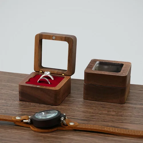 Vista 3 de Caja de anillo de madera, funda transparente para anillo de tragaluz, caja cuadrada de madera maciza para almacenamiento de joyas, almohada