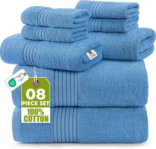 Vista 14 de Set de toallas Premium 700 GSM, 8 piezas; 2 toallas de baño, 2 toallas de mano y 4 paños, algodón, lavable a máquina, calidad de hotel, supersuave