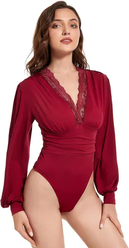 Vista 3 de LYANER Body de manga larga abombada con cuello en V y ribete de encaje para mujer