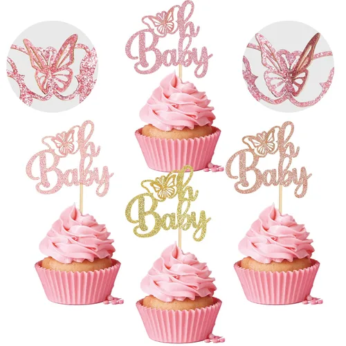 Vista 8 de Gyufise 24 piezas de decoración de mariposa rosa claro con purpurina Oh Baby Butterfly - Decoración de mariposa para baby shower Girl - Suministros
