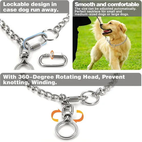 Vista 3 de Collar de cadena para perro, correa de acero inoxidable de metal, collar de estrangulador de entrenamiento, hebilla ajustable, cabeza de rotación